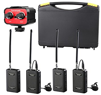 Saramonic Wireless VHF Lavalier Microphone Bundle with 2 Bodypack Transmitters, 2 Receivers, and 2-Ch Mixer for DSLR Cameras, Camcorders   More - 200' Wireless Transmission Range (Black/Red)