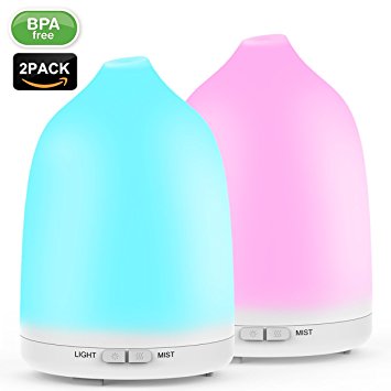 Essential Oil Diffuser,【Upgraded】 Mulcolor 2 Pack 120ml Aromatherapy Diffuser Aroma Diffuser, Cool Mist Humidifier for Essential Oils, Safety Waterless Auto Shut-off, 7 Color LED Lights …