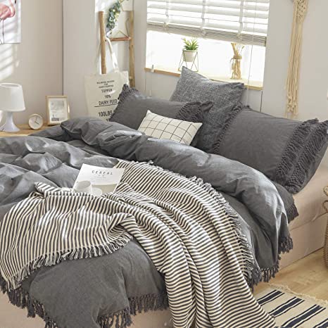 Softta Grey Bedding Queen Duvet Cover 3 Pcs Boho Bedding Ruffle Tassel Farmhouse Duvet Covers Fringed 100% Washed Cotton Bohemian Gray