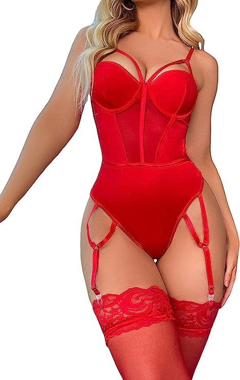 Milumia Women's Mesh Cut Out Teddy Bodysuit Underwire Lingerie Garter Belt Set with Stockings