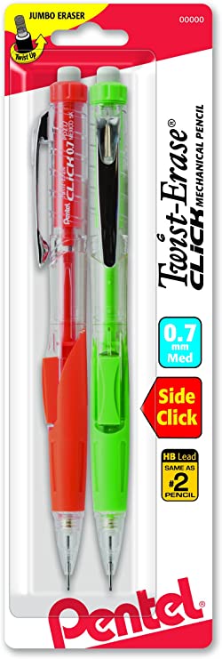 Pentel Twist-Erase CLICK Mechanical Pencil,, 0.7mm CLEAR Barrel, 2 Pack (PD277TBP2M)