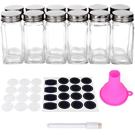 Spice Jars Bottles - 12 Square Glass Containers (4 oz) with Chalkboard Labels, Chalk Marker, Stainless Steel Lids, Shaker Insert Tops and Wide Funnel - Complete Organizer Set