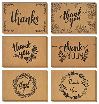 120 Thank You Cards with Brown Kraft Envelopes and Stickers - Elegant 6 Designs Kraft Paper Bulk Blank Notes for Wedding, Business, Formal, Baby Shower and All Occasions 4x6 Inch Blank on Inside/Back