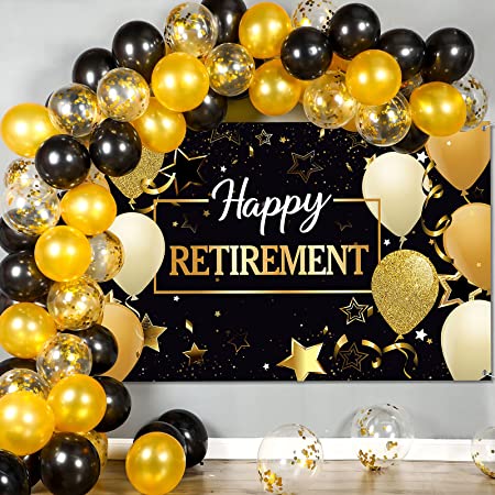 Happy Retirement Party Decorations Supplies Banner Balloons Fabric Retirement Sign Banner and 50piece Balloon Photo Booth Backdrop Set for Women and Men 72.8x 43.3 Inch Gold Black