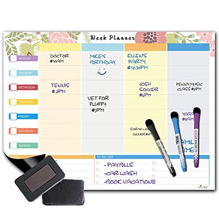 Vivi Velvet - Weekly Day/Family Planner Magnetic Dry Erase White Board - 16''x12'' - 3 Magnetic Fine Tip Markers - 1 Magnetic Eraser