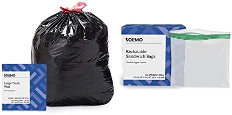 Amazon Brand - Solimo Multipurpose Drawstring Trash Bags, 30 Gallon, 50 Count & Sandwich Storage Bags, 300 Count