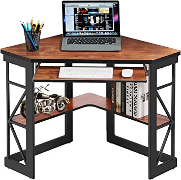 VECELO Corner Computer Desk Writing Smooth Keyboard Tray & Storage Shelves,Compact Home Office Triangle Table, Teak