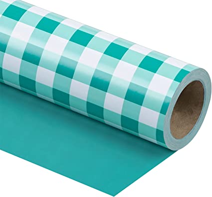 WRAPAHOLIC Reversible Wrapping Paper Roll - Teal and White Plaid Design for Birthday, Holiday, Wedding, Baby Shower and More Occasions - 30 Inch x 33 Feet