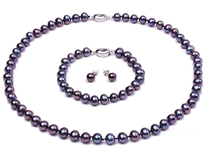JYX Natural Freshwater Cultured Round Pearl Necklace Bracelet and Earrings Set
