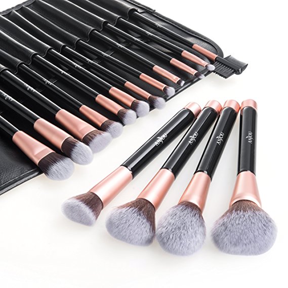 Anjou Makeup Brush Set 16pcs Premium Cosmetic Brushes for Foundation Blending Blush Concealer Eye Shadow Cruelty-Free Synthetic Fiber Bristles PU Leather Roll Clutch Included Rose Golden