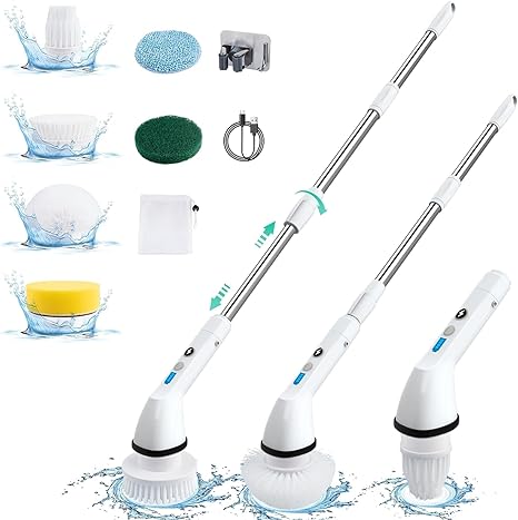 Electric Spin Scrubber, 2 Modes Speed Shower Scrubber up to 400 RPM, Cordless Power Scrubber with Adjustable Extension Arm and 6 Replacement Heads, Power Cleaning Brush for Bathtub Grout Tile Floor