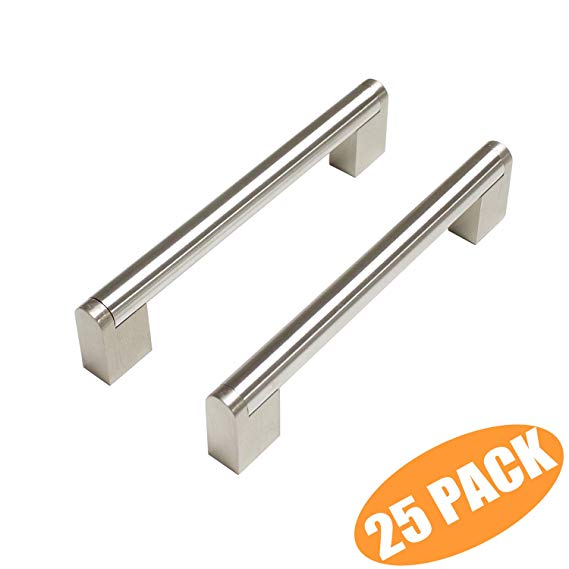 (25 Pack) Probrico 5" Hole Centers Euro Cabinet Pulls Modern Round Bar Pull with Square Base Satin Nickel Stainless Steel Kitchen Bathroom Drawer Dresser Furniture Cabinet Hardware