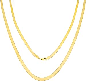 Nuragold 14k Yellow Gold 4mm Solid Herringbone Silky Flat High Polish Chain Necklace, Womens Lobster Clasp 14" 16" 18" 20" 22" 24"