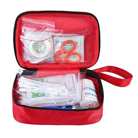 Complete First Aid Kit, Aolvo Professional Mini Survival Kit Emergency Medical Trauma Bag, Lightweight, Waterproof and Portable for Home Travel Outdoors Hiking Camping - 13 Piece with Nylon Red Case