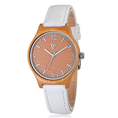 CUCOL Women's Quartz Bamboo Wood Watches White Leather Strap Minimalist Design With Gift Box