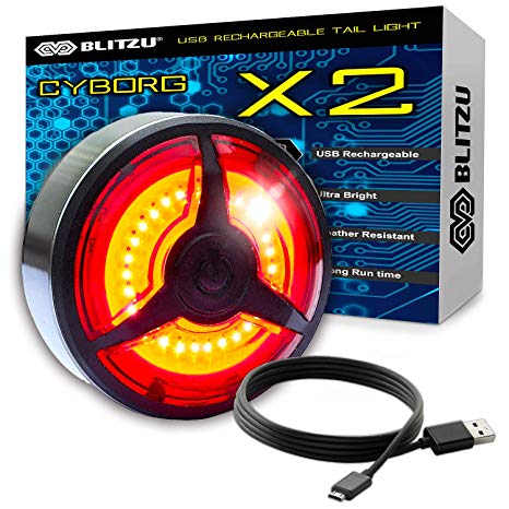 BLITZU Ultra Bright Bike Light Cyborg X2 USB Rechargeable Bicycle Tail Light. Red High Intensity Rear LED Accessories Fits On Any Road Bikes, Helmets. Easy to Install for Cycling Safety Flashlight