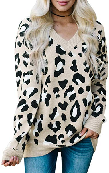 Karlywindow Womens Leopard Print Sweaters Long Sleeve V Neck Knitted Stylish Pullover