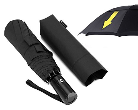 LANBRELLA Compact Travel Umbrella Vented Double Canopy Windproof Auto Open Close - Black