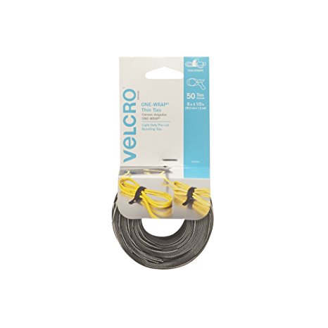 VELCRO Brand - ONE-WRAP Cable Management, Thin Self-Gripping Cable Ties: Reusable, Light Duty - 8" x 1/2" Ties, 50 ct. - Black / Gray