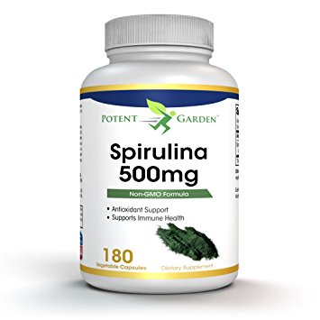 Spirulina Non-GMO Tablets, Highest Quality Spirulina Nutrition Superfood, 500mg per Capsule, 100% vegetarian & non-irradiated, 180 Capsules, Easy-to-Swallow