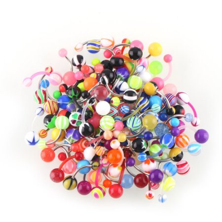 ZGY 100pcs Mix Pack Stripes Ball Curved Belly Button Bar Navel Ring Barbell Body Piercing