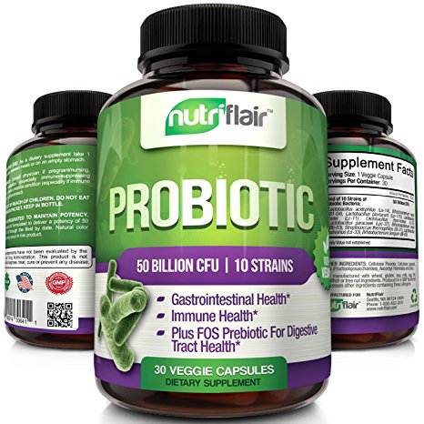 NutriFlair Probiotics Supplement - 50 Billion CFUs, 10 Probiotic Strains per Serving - 30 Veggie Capsules, 1 Month Supply - Organisms for Digestive, Urologic, and Regularity Support for Men and Women