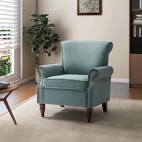 HULALA HOME Modern Accent Chair with Wooden Legs & Nailhead Trim, Small Fabric Club Chair, Comfy Upholstered Armchair Lounge Chair for Bedroom Living Room Single Sofa(Blue)