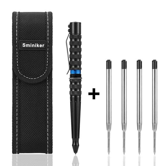 Sminiker Tactical Pen Multifunctional Survival Tool Glass Breaker Ballpoint Pens with Nylon Belt Sheath & 4 Ink Refills & Gift Box
