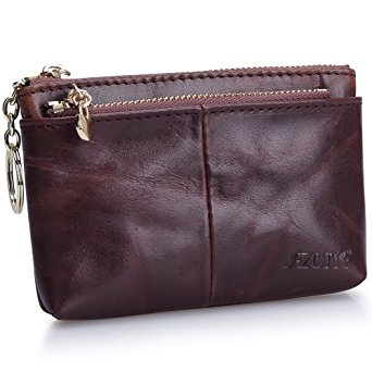 S-ZONE Women's Genuine Leather Triple Zipper Small Wallet Change Coin Purse Card Holder with Key Ring