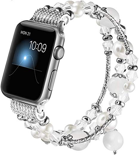Gaishi Band Compatible with Apple Watch 38mm 40mm, Women Girl Elastic Handmade Pearl Bracelet Replacement for 38mm Apple Watch Series 4 3 2 1, White