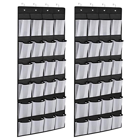 Kootek 2 Pack Over The Door Shoe Organizers, Mesh Shoe Holder with 24 Pockets Hanging Shoes Organizer Compartment Storage with 8 Door Hooks for Bedroom Closet Bathroom, Black (59 x 21.6 in)