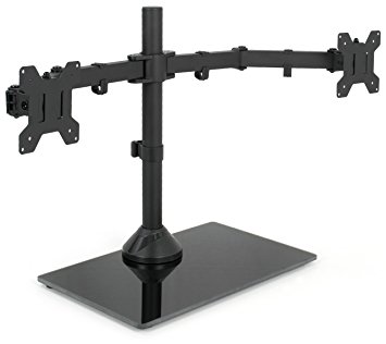 VIVO Black Dual Monitor Stand Adjustable Mount w/ Freestanding Glass Base - fits two Screens up to 27" (STAND-V002FG)