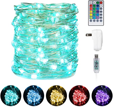 Brightown Fairy Lights with Remote, 33Ft 100 LED Color Changing String Lights with USB and Plug, Led Fairy Lights on Silver Wire with 4 Light Modes for Bedroom Wedding Christmas, 16 Colors