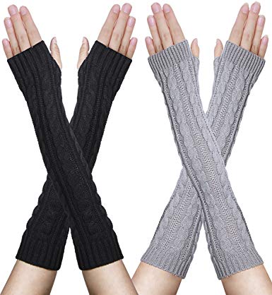 Oryer Womens Winter Knit Long Fingerless Gloves Thumbhole Arm Warmers Mittens