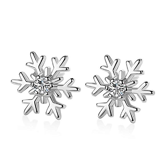 Cubic Zirconia Winter Snowflake Flower Stud Earrings 925 Sterling Silver Dainty Rhinestone Studs Post Fashion Jewelry for Women Girls