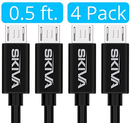 Micro USB Cables [4-Pack] - Skiva USBLink Premium Short Length (6" / 0.5ft) High Speed USB 2.0 Type-A Male to Micro-B Sync and Charge Cord for Android / Windows, Samsung, HTC, LG (Black) [Model:CB129]