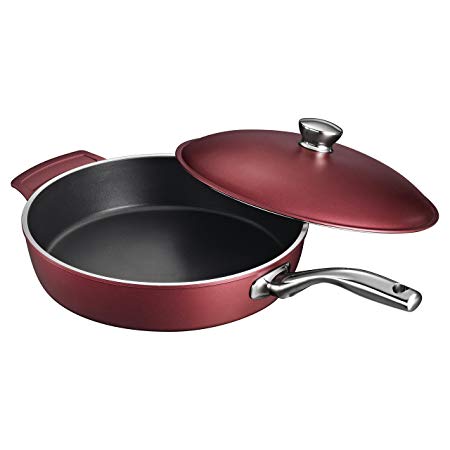 Tramontina 80142/032DS LYON Cold-Forged Induction-Ready Aluminum w/ Ceramic-Reinforced Nonstick Covered Deep Saute Pan, 4.5-Qt, Garnet, Made in Brazil