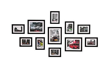 WOOD MEETS COLOR Wall Photo Frames, Including White Picture Mats and Installation Instruction, SET of 11 Collage Frames (Black)