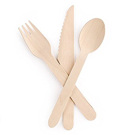 BloominGoods Disposable Wooden Cutlery Set |100 Forks, 50 Knives, 50 Spoons | GO GREEN! Eco Friendly, Biodegradable, Compostable, 100% Natural Wood Utensils