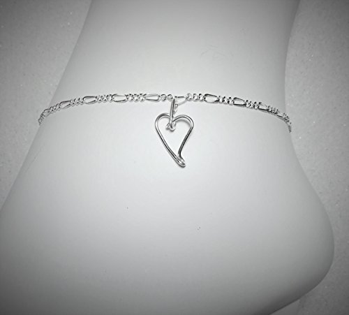 Sterling Silver plated Anklet Ankle Bracelet Heart charm 8 inch, 9 inch, 10 inch, 11 inch, 12 inch, 13 inch 2 mm Figaro chain