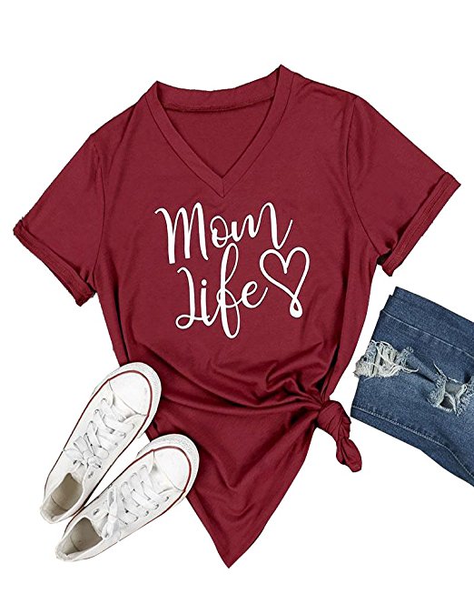 Pxmoda Women's Mom Love Life Print V Neck T Shirt Tops