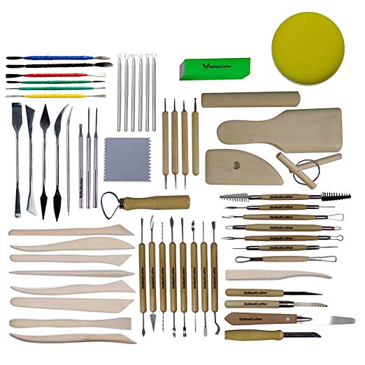 Skilled Crafter Complete Clay Sculpting Collection. Comprehensive 60 Piece Set of Quality Stainless Steel, Aluminum, Birch & Gingko Wood Tools for Detailing & Modeling for Serious Potters & Sculptors