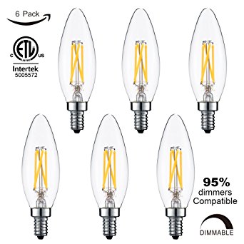 LiteHistory Deep Dimmable 4W C32/B10 led bulb,ETL,E12 LED Candelabra Bulb,400lm,40W equivalent led chandelier,Warm White 2700K led candle bulb,Blunt tip,Clear,6-Pack