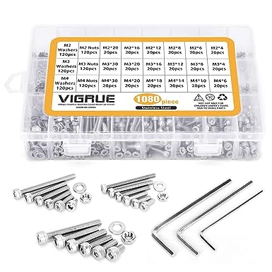 VIGRUE 1080PCS M2 M3 M4 Screws Nuts Assortment Set, Stainless Steel 304 Hex Socket Button Head Cap Screws Bolts Nuts Washers Kit with Allen Wrench, Silver
