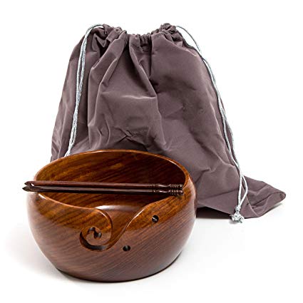 Eunoia Yarn Bowl | Best Handmade Yarn Holder for Knitting | X- Large Wooden 8" x 4" | Extra: Wood Crochet Hook and Travel Bag |