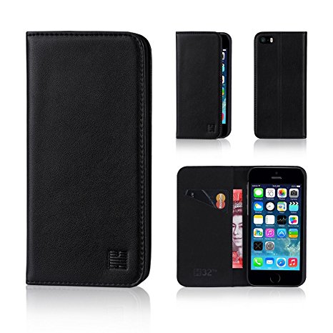 32nd Classic Series - Real Leather Book Wallet Flip Case Cover For Apple iPhone 5, 5S & SE, Real Leather Design With Card Slot, Magnetic Closure and Built In Stand - Black