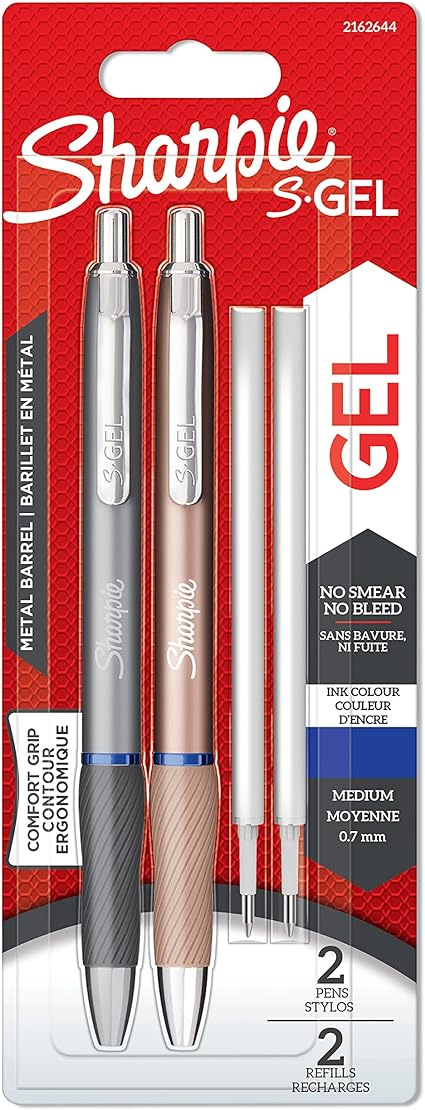 Sharpie S-Gel | Metal Gel Pens | Medium Point (0.7mm) | Steel Grey & Rose Gold | Blue Ink | 2 Pens & 2 Gel Pen Refills