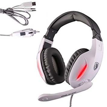 Sades Gaming Headset 3.5mm Wired Stereo Headphone Headband LED Light Over-Ear Noise Cancelling Headphones with Microphone Volume Control for PC Computer (white）