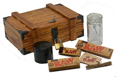 Vintage "Treasure Chest" Wooden Stash Box w/ Lock - 7 pc. Accessories Bundle, Hakuna Grinder, Hakuna Stash Jar