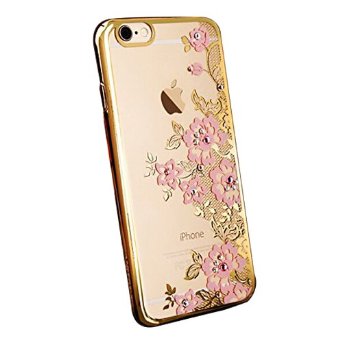 iPhone 6 Case, FYee [Lace Flower Series] Slim Dual Flexible TPU Rubber Back Cover with Pink Flower and Bling Glitter Stone Diamond Case for iPhone 6 / 6s 4.7 inch - Golden Edge